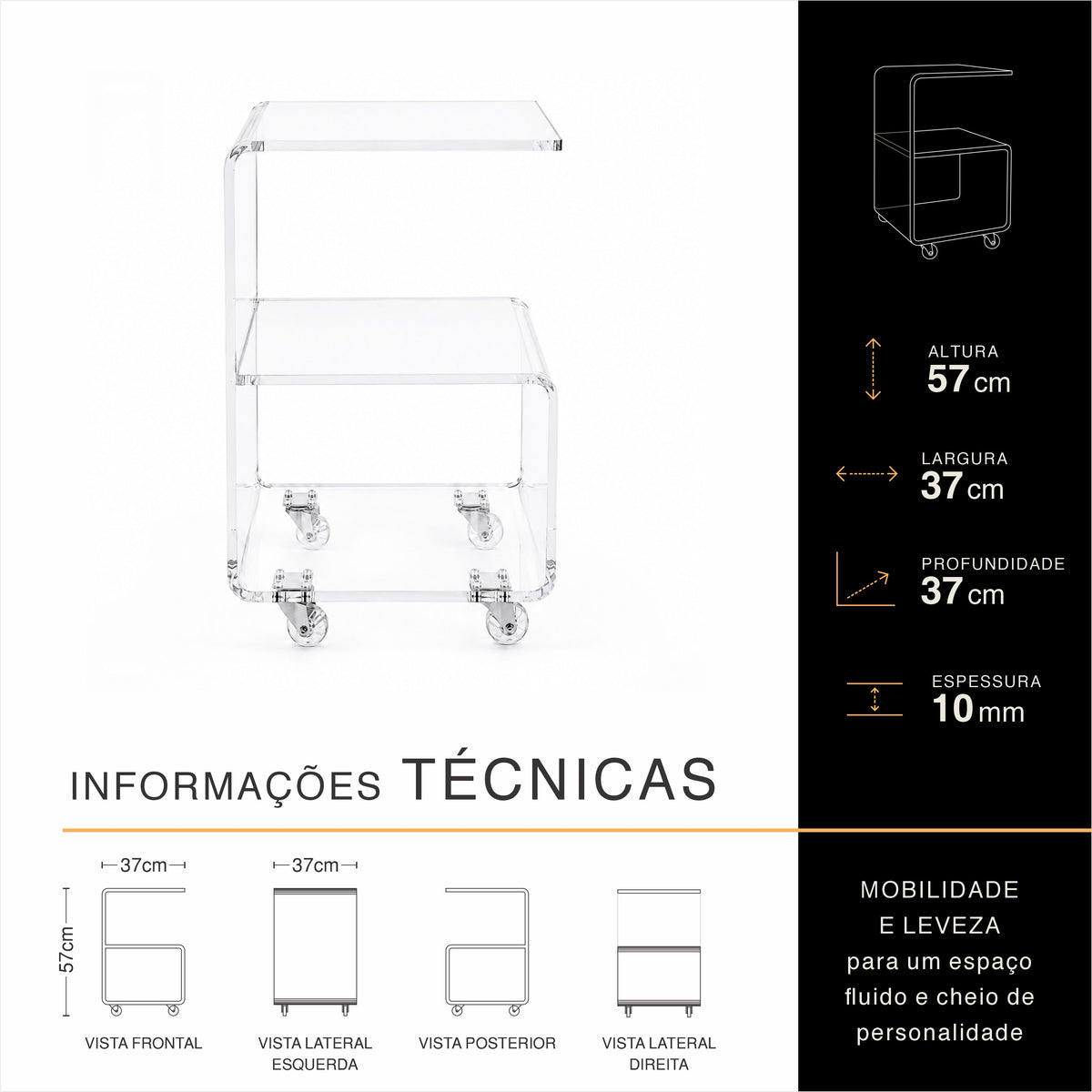 Mesa de Canto CURVE com Rodízios | Acrílico