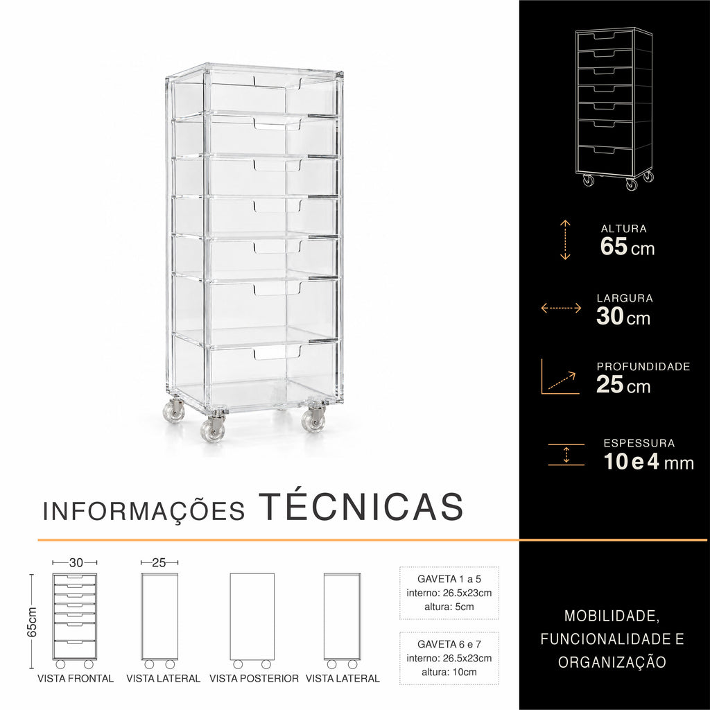 Gaveteiro Organizador Móvel 7 gavetas- H=65cm