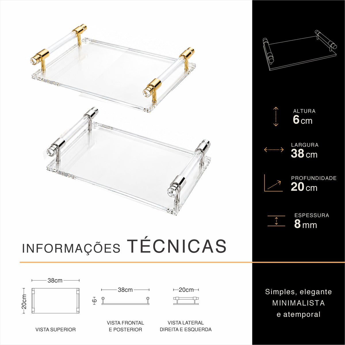 Bandeja BASE com Alças Metálicas | Acrílico