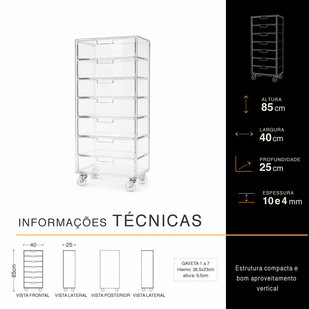 Gaveteiro Organizador Móvel 7 gavetas- H=85cm
