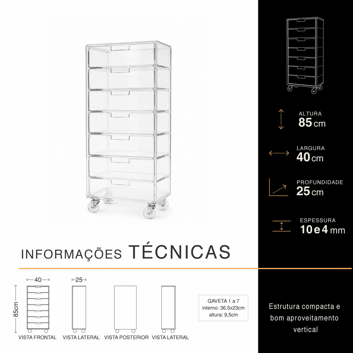 Gaveteiro Organizador Móvel 7 gavetas- H=85cm
