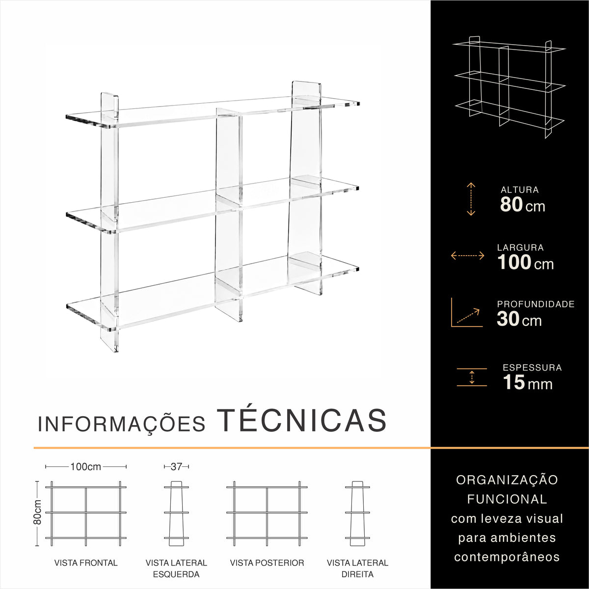 Aparador SLIM 3 Prateleiras em Acrílico Cristal