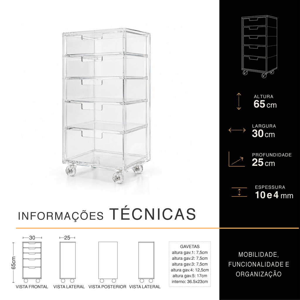 Gaveteiro Organizador Móvel Compacto 5 Gavetas - H=65cm