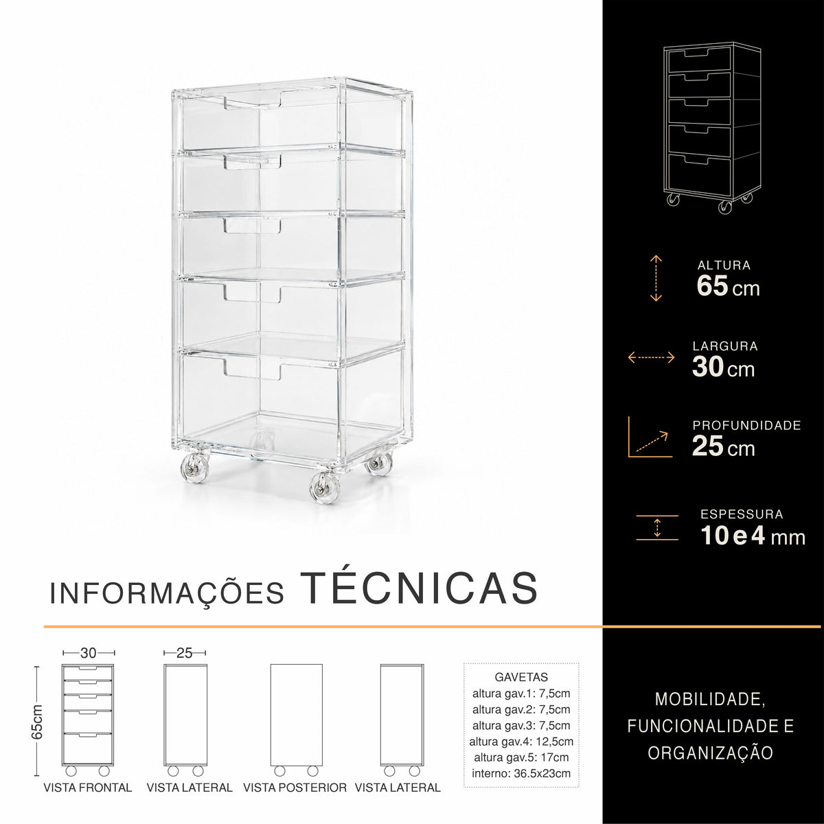 Gaveteiro Organizador Móvel Compacto 5 Gavetas - H=65cm