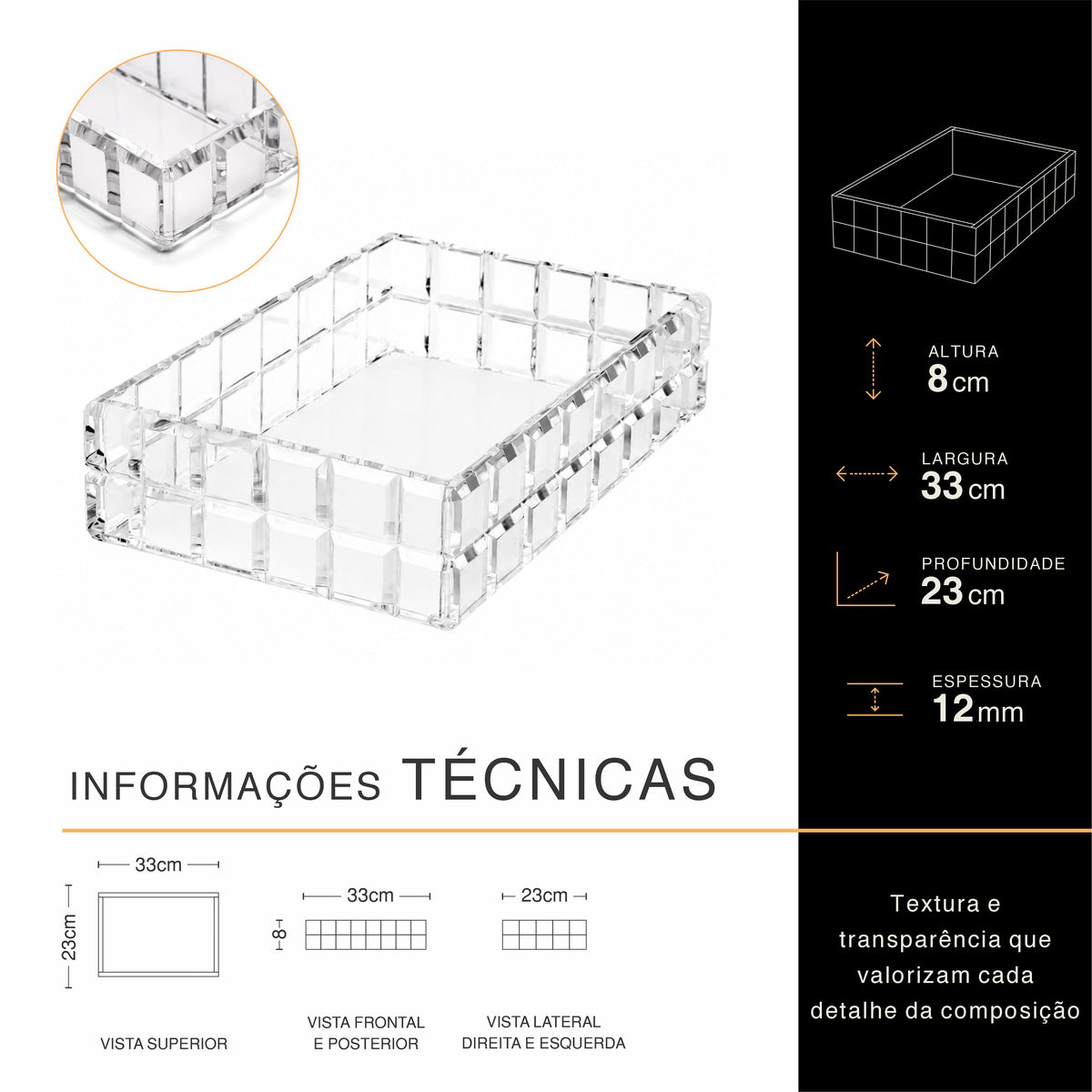 Bandeja BISOTÊ Facetada em Acrílico Cristal