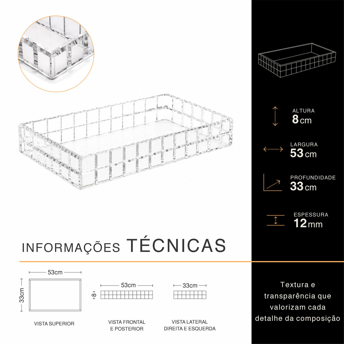 Bandeja BISOTÊ Facetada em Acrílico Cristal